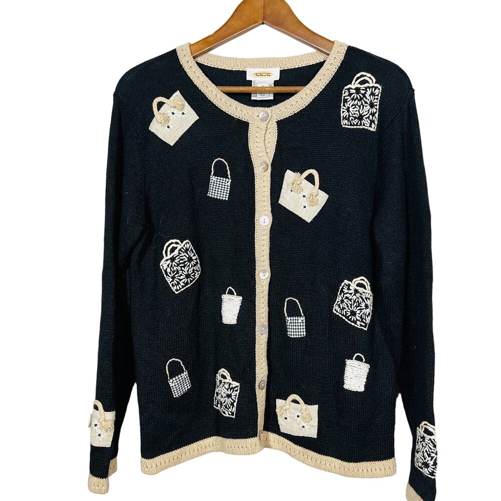 Talbots Cardigan Sweater Shopping Bag Basket Theme Tan Black - M